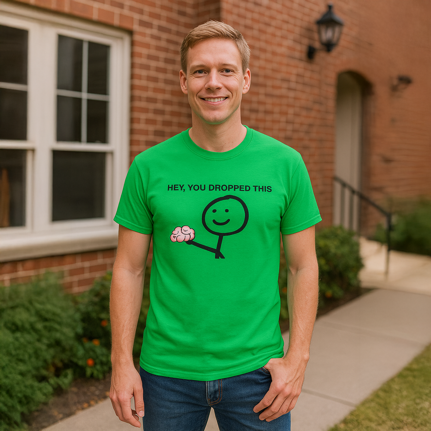 Young man wearing light green funny tee shirt with Hey You Dropped Your Brains.