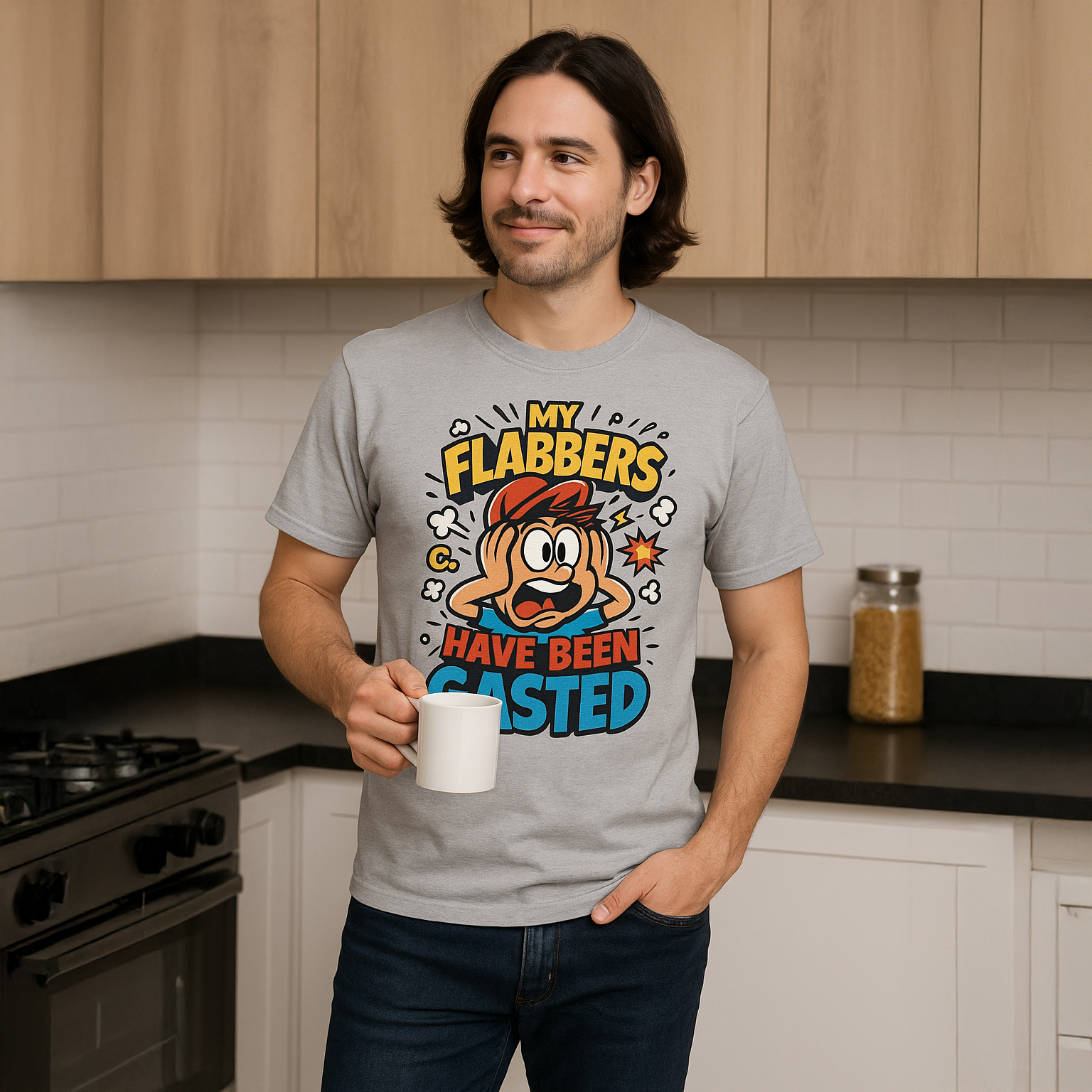 Male wearing light grey tee shirt My Flabbers Have Been Gasted