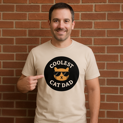Man wearing Cat Dad light brown tee shirt.