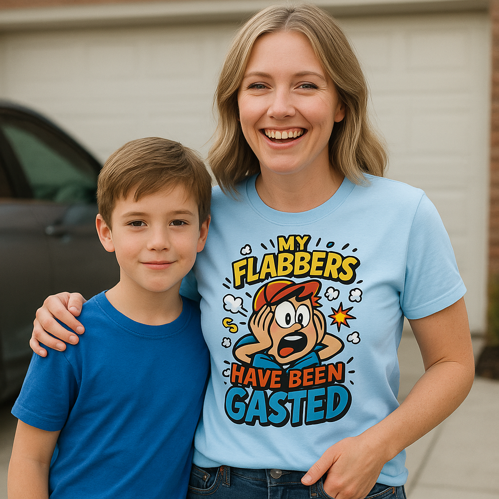 Mom with son wearing light blue tee shirt My Flabbers Have Been Gasted