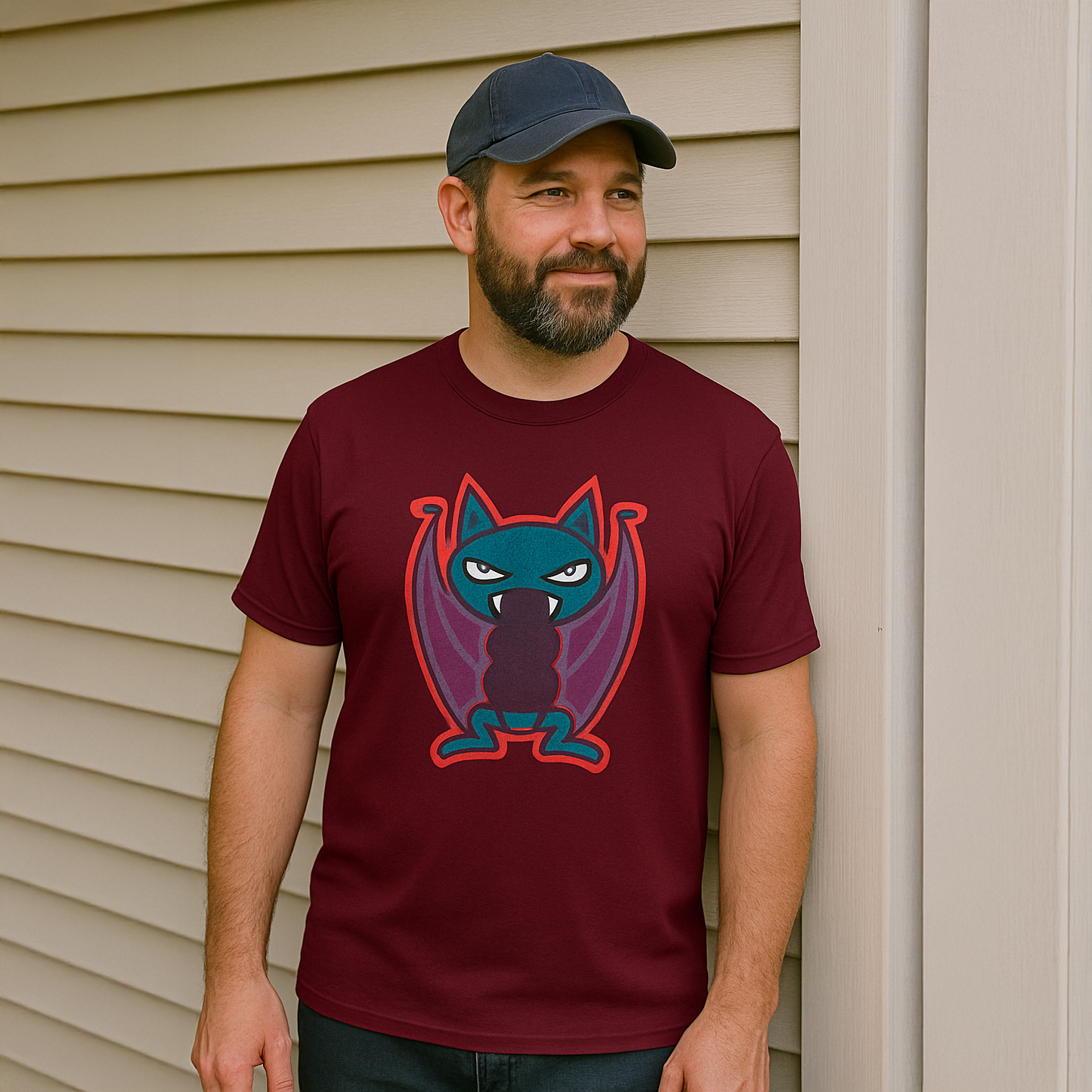 Man wearing Nocturnal Fury maroon tee shirt leaning against a wall.