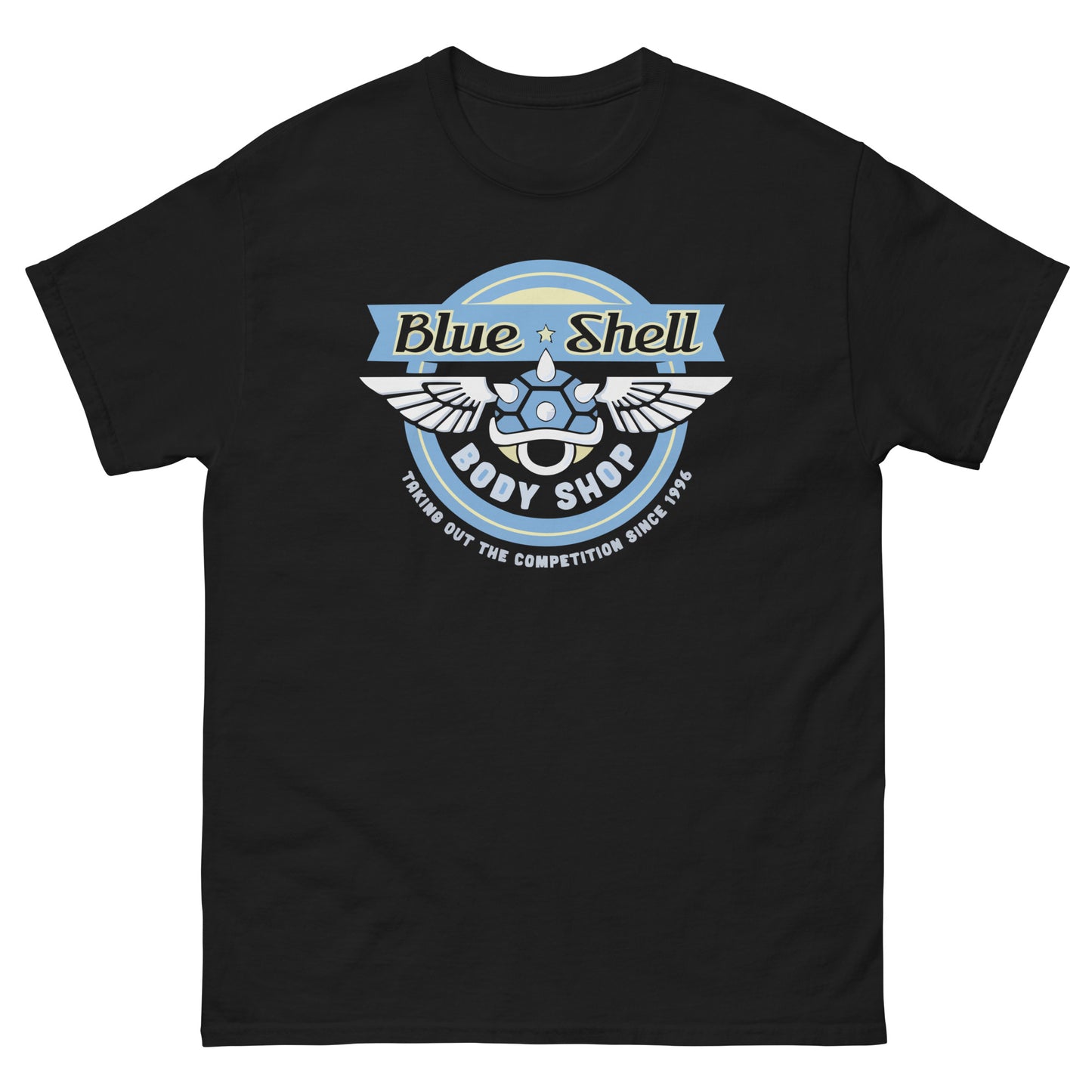 Blue Shell Body Shop T-Shirt - Retro Racing Icon Tee