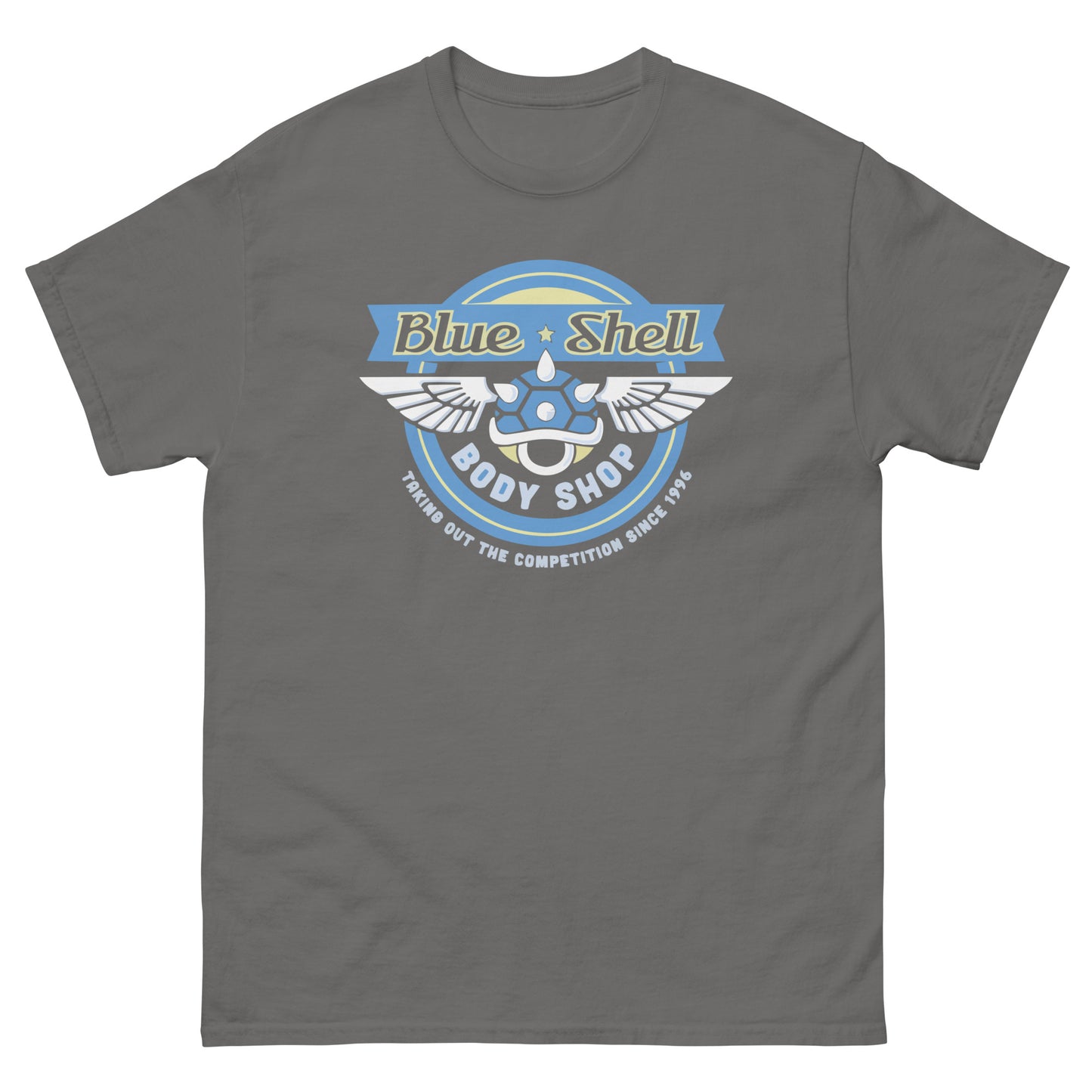 Blue Shell Body Shop T-Shirt - Retro Racing Icon Tee