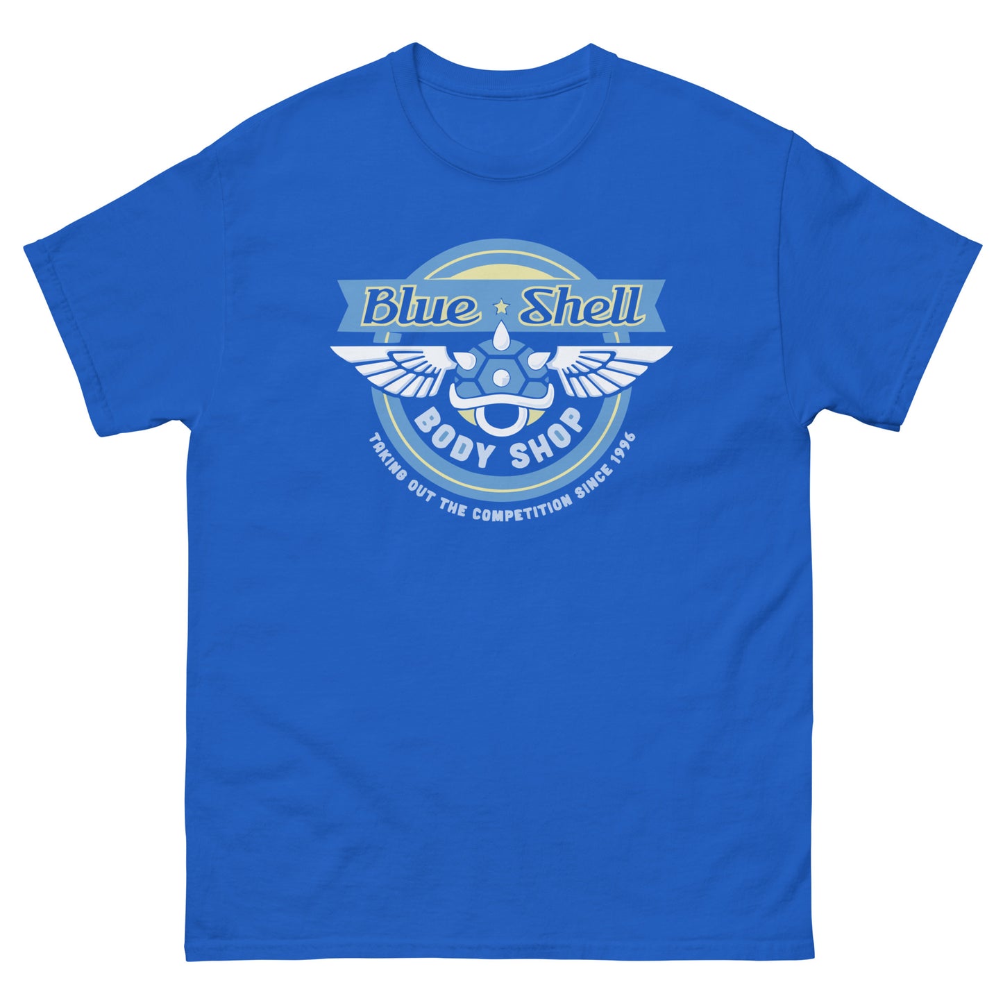 Blue Shell Body Shop T-Shirt - Retro Racing Icon Tee