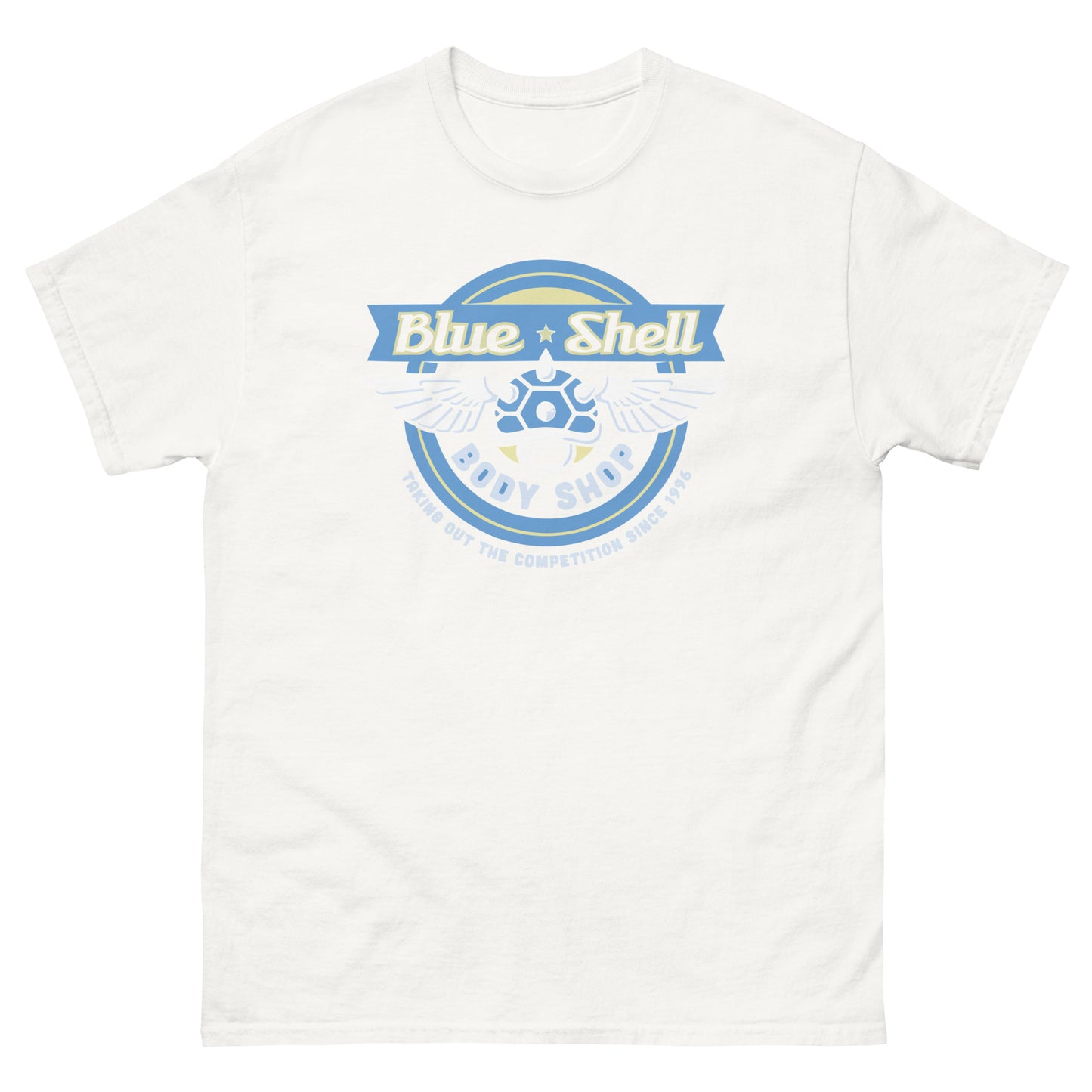 Blue Shell Body Shop T-Shirt - Retro Racing Icon Tee